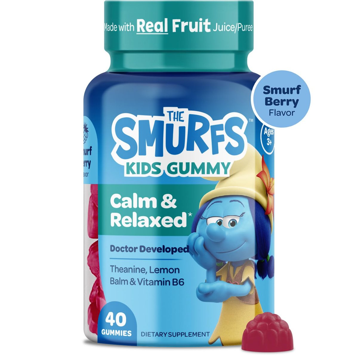 Smurfs Kids Calm Gummies – Beruhigungsgummis für Kinder mit Zitronenmelisse & L-Theanin – aus echtem Fruchtpüree – von Ärzten entwickelt – gelatinefrei, ohne Gentechnik, keine künstlichen Aromen oder Farben – 20 Portionen