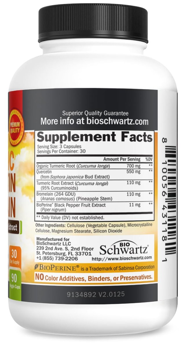 BioSchwartz Kurkuma Quercetin mit Bromelain – Natürliche Extra-Stärke Immun- und Gelenkunterstützung mit BioPerine Schwarzer Pfeffer für maximale Absorption – Vegan, Nicht-GVO, 90 Kapseln
