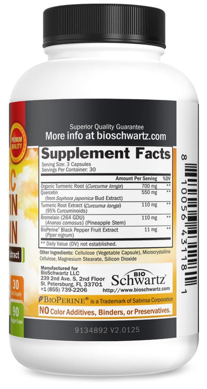 BioSchwartz Kurkuma Quercetin mit Bromelain – Natürliche Extra-Stärke Immun- und Gelenkunterstützung mit BioPerine Schwarzer Pfeffer für maximale Absorption – Vegan, Nicht-GVO, 90 Kapseln