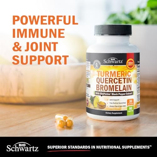 BioSchwartz Kurkuma Quercetin mit Bromelain – Natürliche Extra-Stärke Immun- und Gelenkunterstützung mit BioPerine Schwarzer Pfeffer für maximale Absorption – Vegan, Nicht-GVO, 90 Kapseln