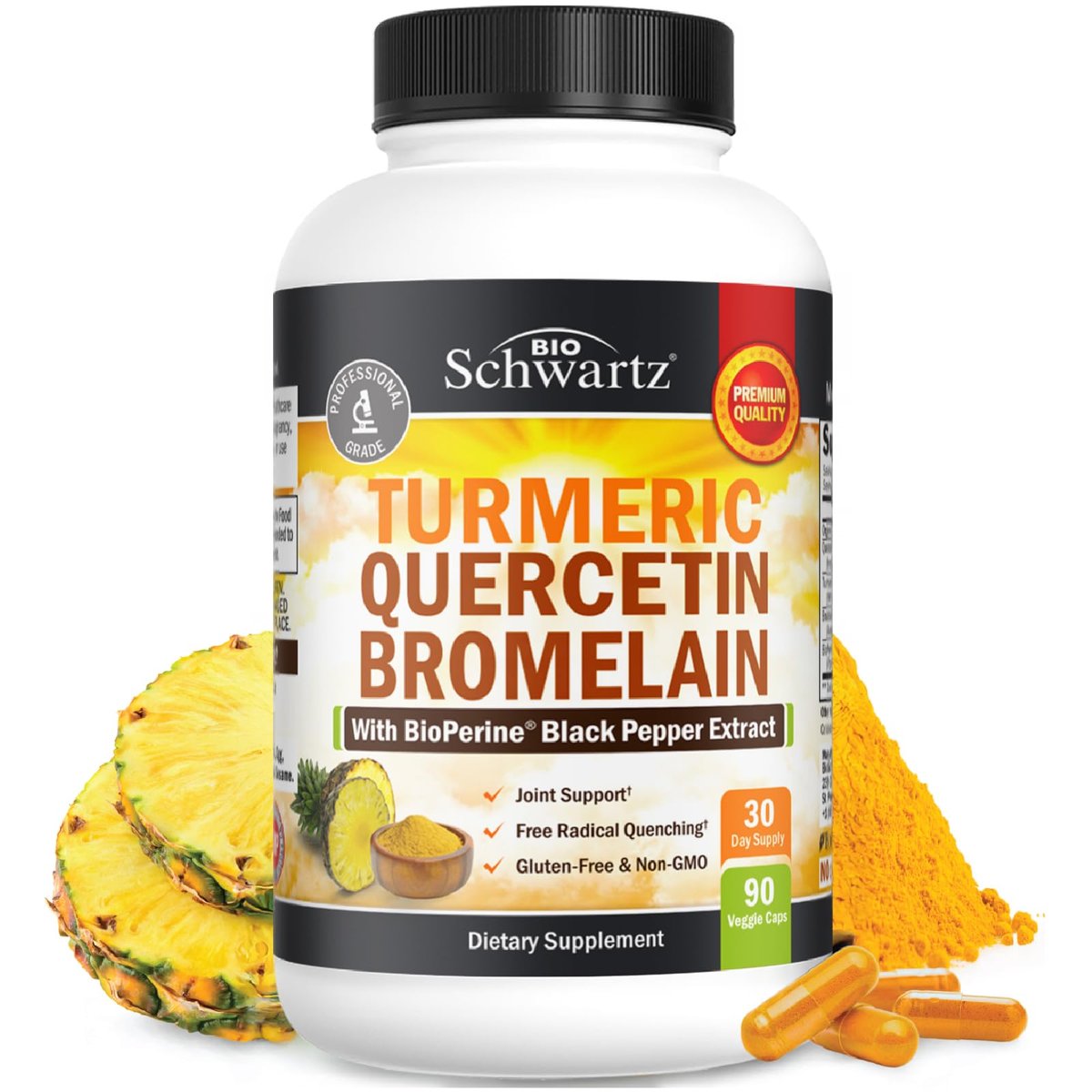 BioSchwartz Kurkuma Quercetin mit Bromelain – Natürliche Extra-Stärke Immun- und Gelenkunterstützung mit BioPerine Schwarzer Pfeffer für maximale Absorption – Vegan, Nicht-GVO, 90 Kapseln