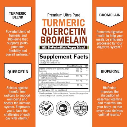 BioSchwartz Kurkuma Quercetin mit Bromelain – Natürliche Extra-Stärke Immun- und Gelenkunterstützung mit BioPerine Schwarzer Pfeffer für maximale Absorption – Vegan, Nicht-GVO, 90 Kapseln