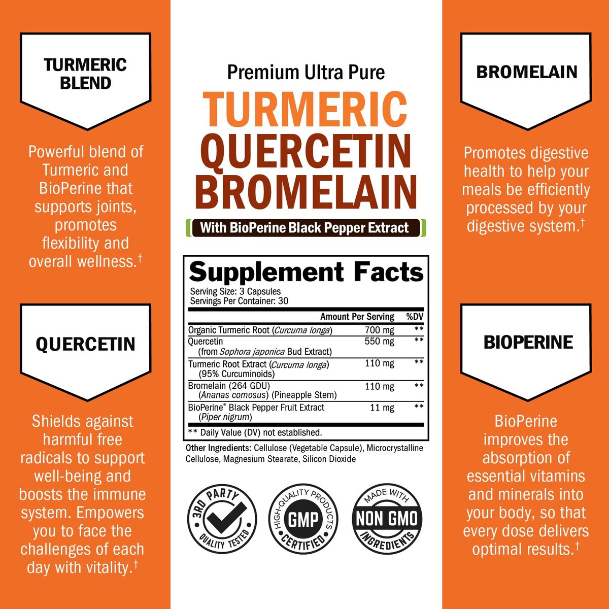 BioSchwartz Kurkuma Quercetin mit Bromelain – Natürliche Extra-Stärke Immun- und Gelenkunterstützung mit BioPerine Schwarzer Pfeffer für maximale Absorption – Vegan, Nicht-GVO, 90 Kapseln