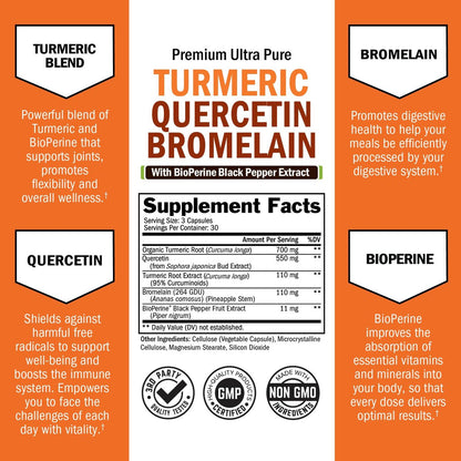 BioSchwartz Kurkuma Quercetin mit Bromelain – Natürliche Extra-Stärke Immun- und Gelenkunterstützung mit BioPerine Schwarzer Pfeffer für maximale Absorption – Vegan, Nicht-GVO, 90 Kapseln