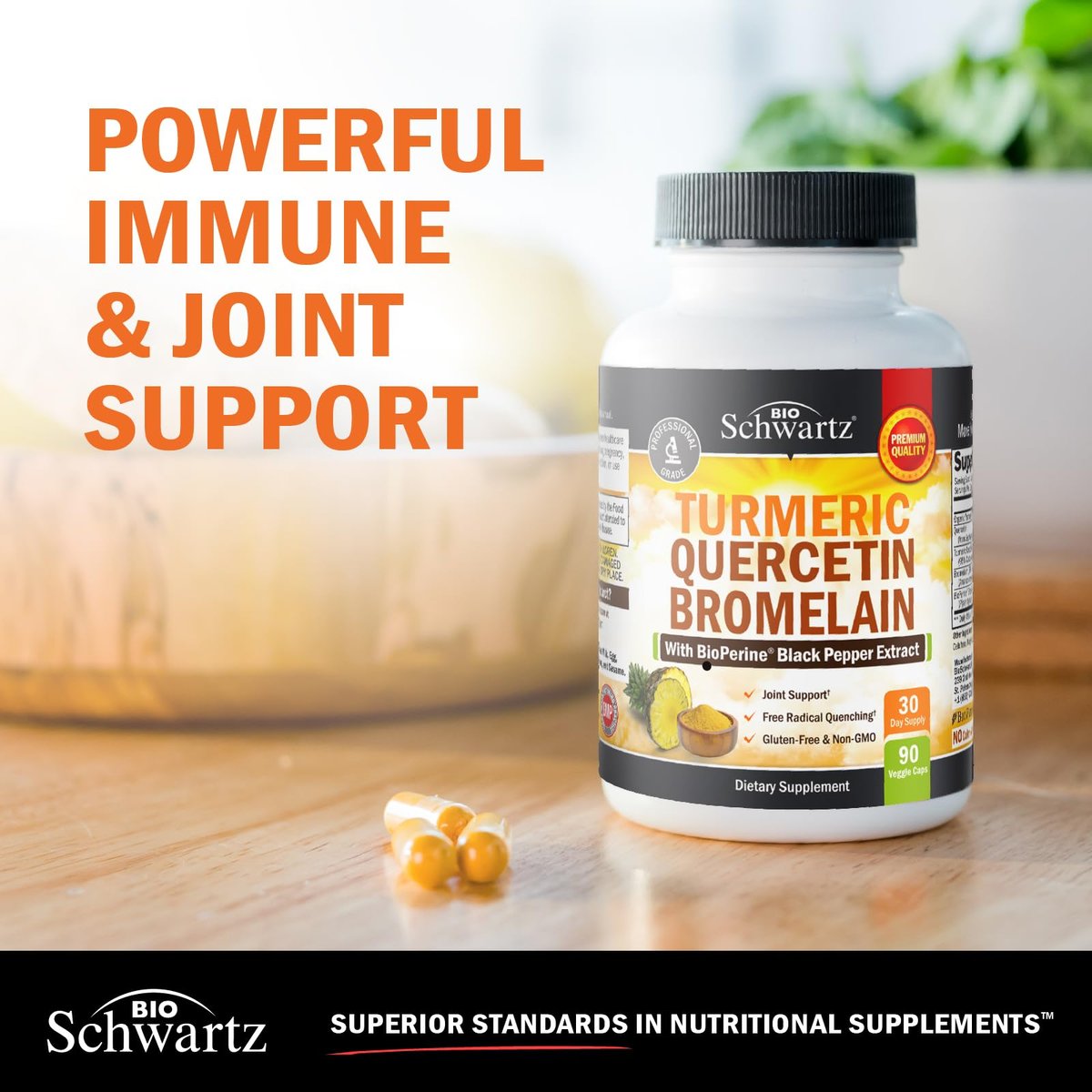 BioSchwartz Kurkuma Quercetin mit Bromelain – Natürliche Extra-Stärke Immun- und Gelenkunterstützung mit BioPerine Schwarzer Pfeffer für maximale Absorption – Vegan, Nicht-GVO, 90 Kapseln