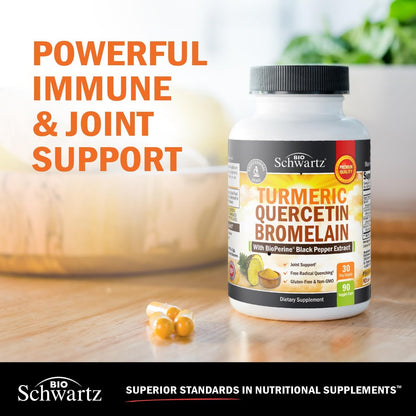 BioSchwartz Kurkuma Quercetin mit Bromelain – Natürliche Extra-Stärke Immun- und Gelenkunterstützung mit BioPerine Schwarzer Pfeffer für maximale Absorption – Vegan, Nicht-GVO, 90 Kapseln