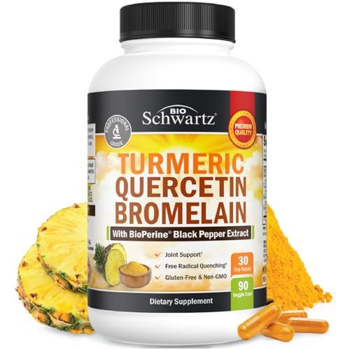 BioSchwartz Kurkuma Quercetin mit Bromelain – Natürliche Extra-Stärke Immun- und Gelenkunterstützung mit BioPerine Schwarzer Pfeffer für maximale Absorption – Vegan, Nicht-GVO, 90 Kapseln