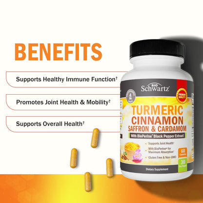 Kurkuma Kapseln mit Safran, Zimt und Kardamom plus BioPerin Schwarzer Pfeffer Extrakt für optimale Aufnahme – Natürliches Curcumin Gelenkunterstützung Supplement für Frauen und Männer, 60 Kapseln