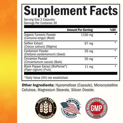 Kurkuma Kapseln mit Safran, Zimt und Kardamom plus BioPerin Schwarzer Pfeffer Extrakt für optimale Aufnahme – Natürliches Curcumin Gelenkunterstützung Supplement für Frauen und Männer, 60 Kapseln