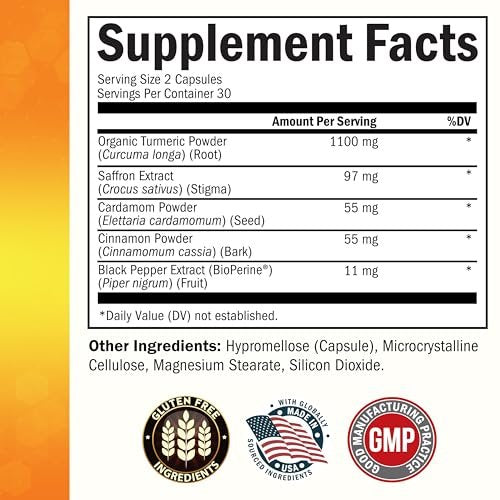 Kurkuma Kapseln mit Safran, Zimt und Kardamom plus BioPerin Schwarzer Pfeffer Extrakt für optimale Aufnahme – Natürliches Curcumin Gelenkunterstützung Supplement für Frauen und Männer, 60 Kapseln