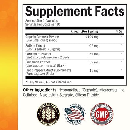Kurkuma Kapseln mit Safran, Zimt und Kardamom plus BioPerin Schwarzer Pfeffer Extrakt für optimale Aufnahme – Natürliches Curcumin Gelenkunterstützung Supplement für Frauen und Männer, 60 Kapseln
