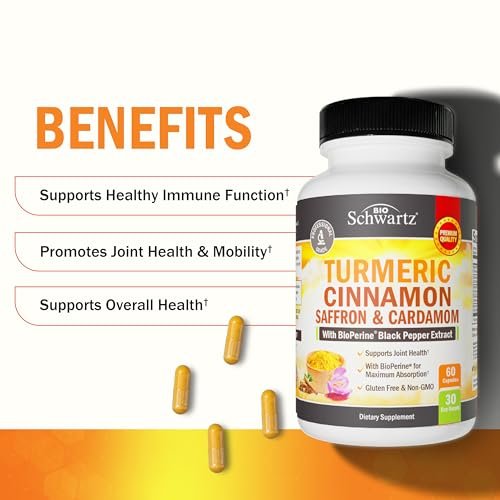 Kurkuma Kapseln mit Safran, Zimt und Kardamom plus BioPerin Schwarzer Pfeffer Extrakt für optimale Aufnahme – Natürliches Curcumin Gelenkunterstützung Supplement für Frauen und Männer, 60 Kapseln