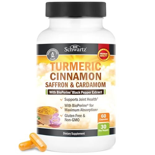 Kurkuma Kapseln mit Safran, Zimt und Kardamom plus BioPerin Schwarzer Pfeffer Extrakt für optimale Aufnahme – Natürliches Curcumin Gelenkunterstützung Supplement für Frauen und Männer, 60 Kapseln