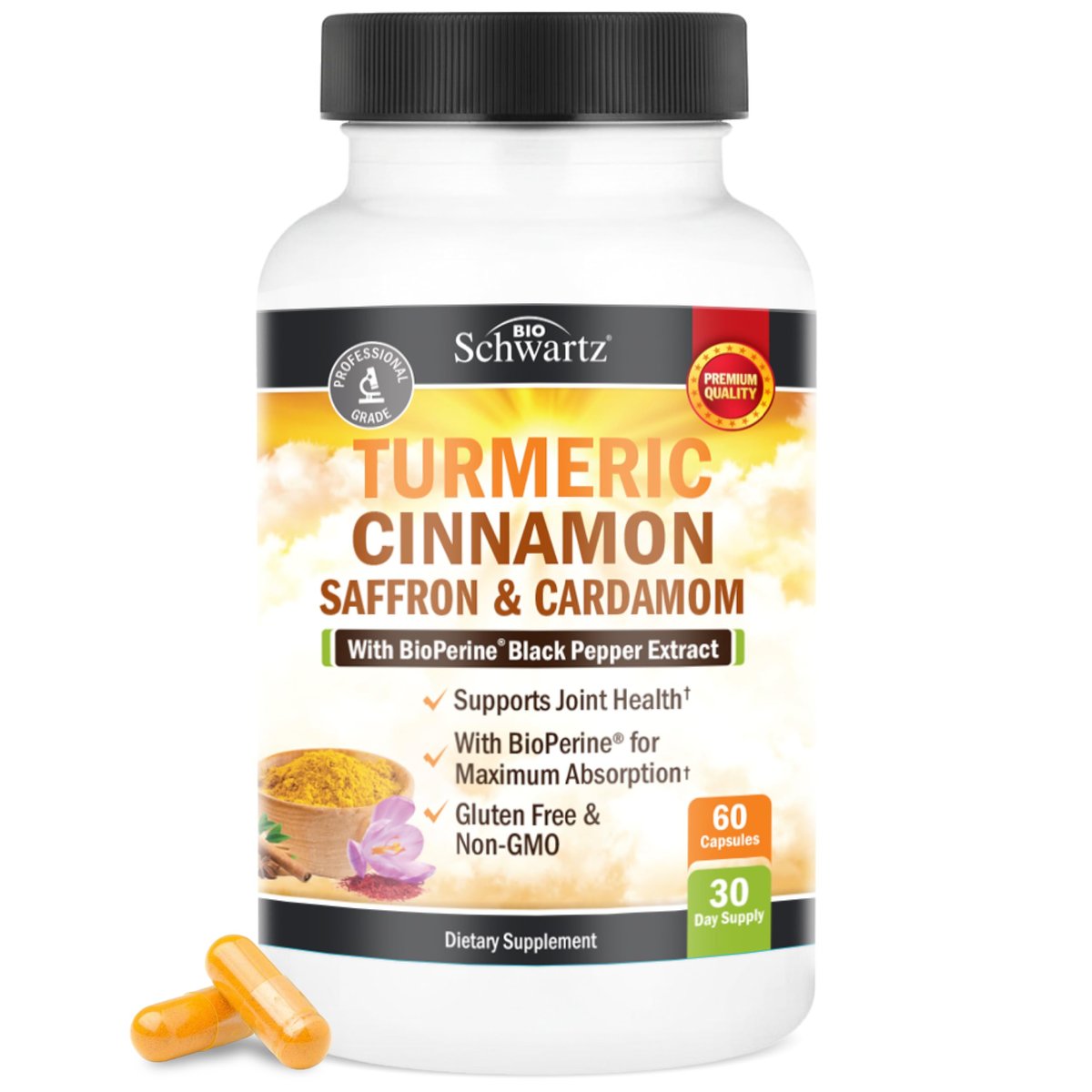 Kurkuma Kapseln mit Safran, Zimt und Kardamom plus BioPerin Schwarzer Pfeffer Extrakt für optimale Aufnahme – Natürliches Curcumin Gelenkunterstützung Supplement für Frauen und Männer, 60 Kapseln