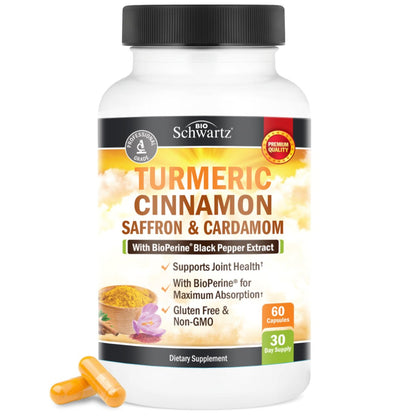 Kurkuma Kapseln mit Safran, Zimt und Kardamom plus BioPerin Schwarzer Pfeffer Extrakt für optimale Aufnahme – Natürliches Curcumin Gelenkunterstützung Supplement für Frauen und Männer, 60 Kapseln