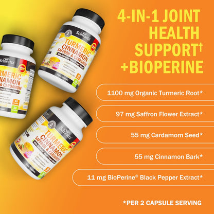 Kurkuma Kapseln mit Safran, Zimt und Kardamom plus BioPerin Schwarzer Pfeffer Extrakt für optimale Aufnahme – Natürliches Curcumin Gelenkunterstützung Supplement für Frauen und Männer, 60 Kapseln