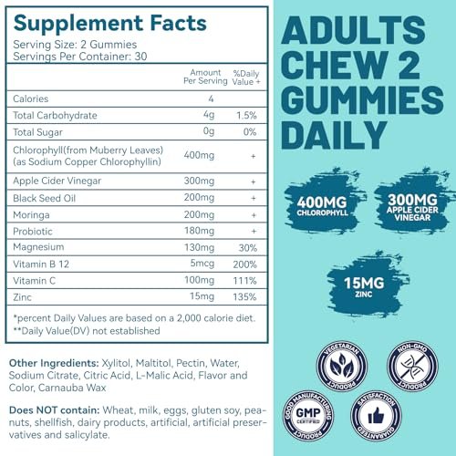 Zuckerfreie Chlorophyll Gummis mit Vitamin B12 & Zink – Natürlicher Deodorant*, Gesunde Haut & Körperentgiftung*, Immun- & Verdauungsunterstützung – 60 Stück
