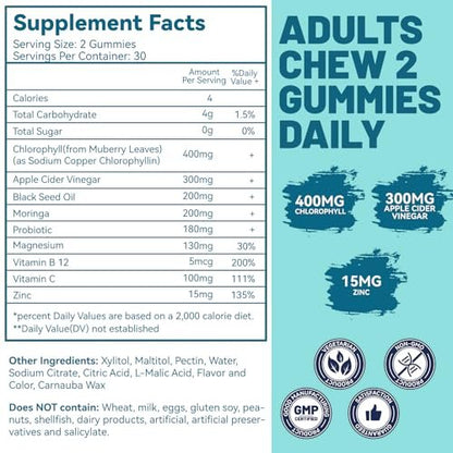 Zuckerfreie Chlorophyll Gummis mit Vitamin B12 & Zink – Natürlicher Deodorant*, Gesunde Haut & Körperentgiftung*, Immun- & Verdauungsunterstützung – 60 Stück