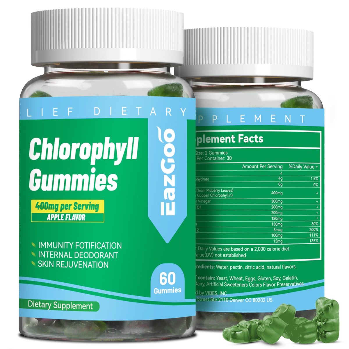 Zuckerfreie Chlorophyll Gummis mit Vitamin B12 & Zink – Natürlicher Deodorant*, Gesunde Haut & Körperentgiftung*, Immun- & Verdauungsunterstützung – 60 Stück