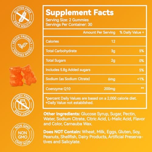 EAZGOO CoQ10 Gummies 200mg – Vegane Nahrungsergänzung für Energieproduktion, Non-GMO, Glutenfrei (60 Gummis)
