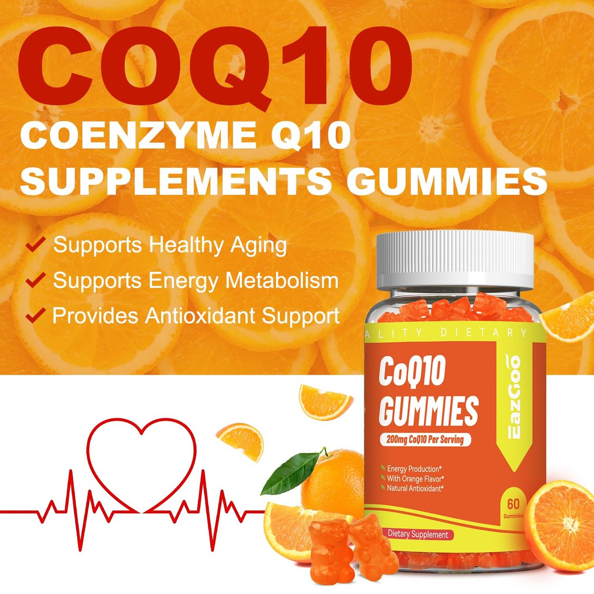 EAZGOO CoQ10 Gummies 200mg – Vegane Nahrungsergänzung für Energieproduktion, Non-GMO, Glutenfrei (60 Gummis)