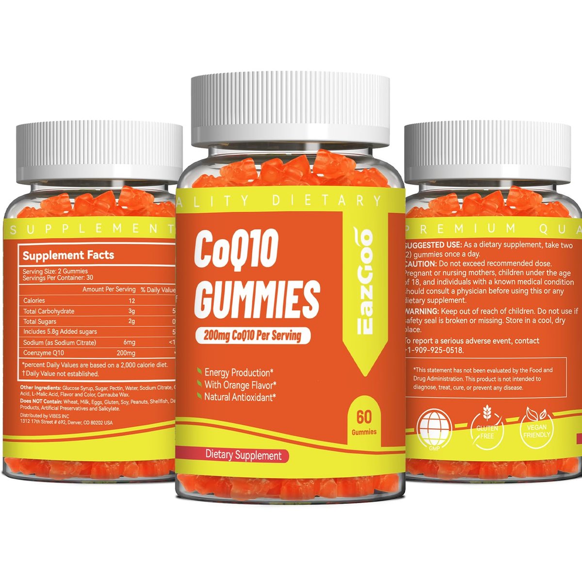 EAZGOO CoQ10 Gummies 200mg – Vegane Nahrungsergänzung für Energieproduktion, Non-GMO, Glutenfrei (60 Gummis)