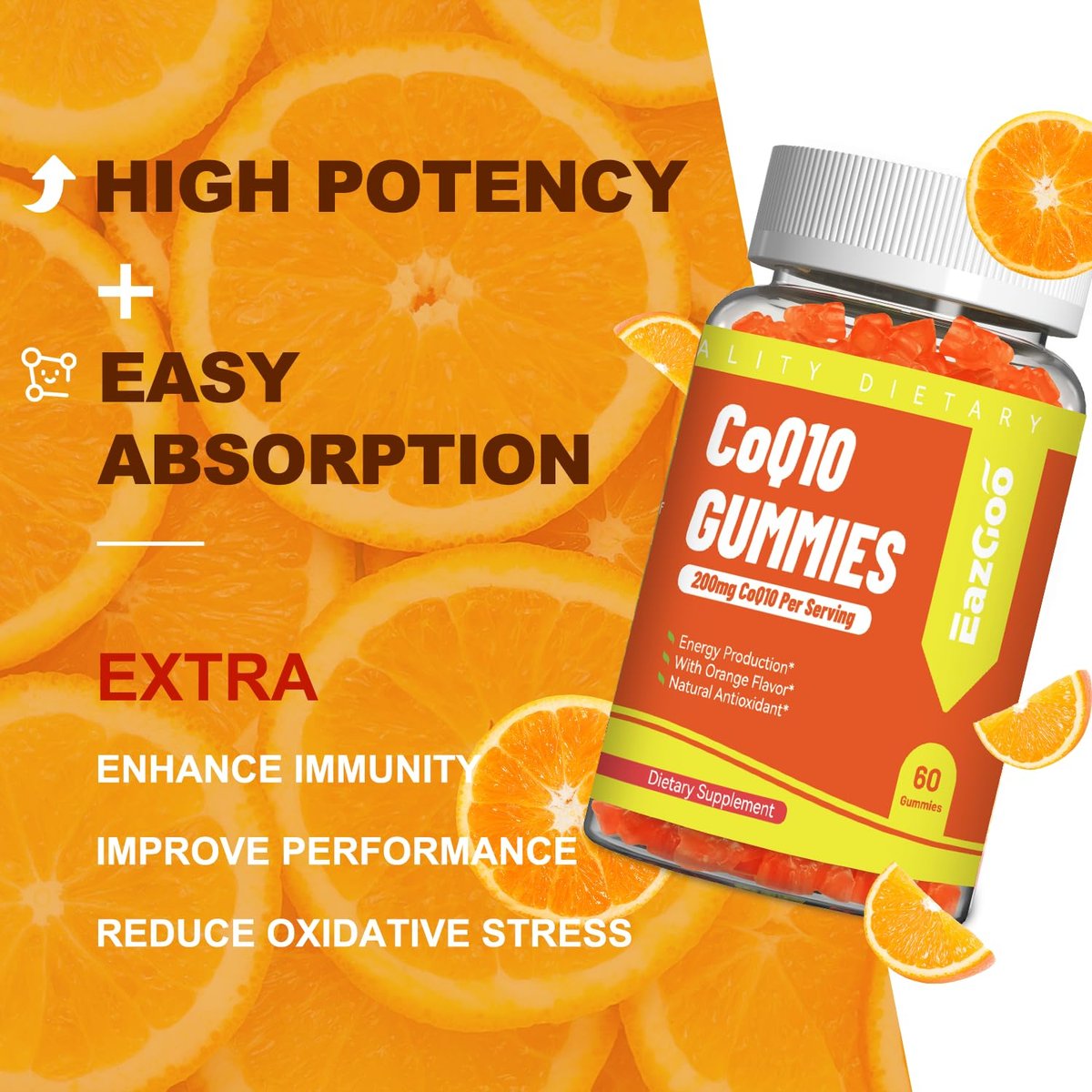 EAZGOO CoQ10 Gummies 200mg – Vegane Nahrungsergänzung für Energieproduktion, Non-GMO, Glutenfrei (60 Gummis)