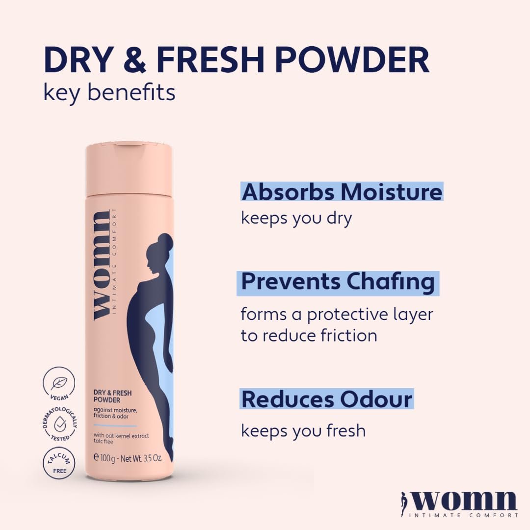 womn Intimate Comfort Dry & Fresh Powder – Talkumfreies Körperpuder für empfindliche Haut, natürlicher Feuchtigkeitsschutz & Anti-Scheuerschutz mit beruhigendem Hafer, 100 g