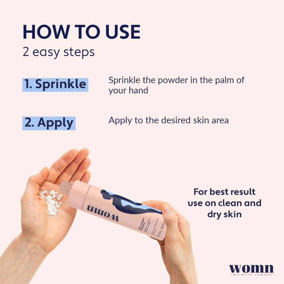 womn Intimate Comfort Dry & Fresh Powder – Talkumfreies Körperpuder für empfindliche Haut, natürlicher Feuchtigkeitsschutz & Anti-Scheuerschutz mit beruhigendem Hafer, 100 g