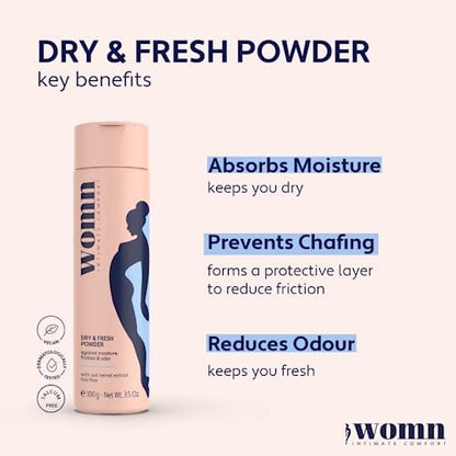 womn Intimate Comfort Dry & Fresh Powder – Talkumfreies Körperpuder für empfindliche Haut, natürlicher Feuchtigkeitsschutz & Anti-Scheuerschutz mit beruhigendem Hafer, 100 g