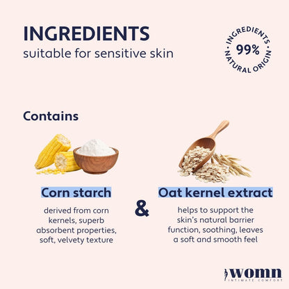 womn Intimate Comfort Dry & Fresh Powder – Talkumfreies Körperpuder für empfindliche Haut, natürlicher Feuchtigkeitsschutz & Anti-Scheuerschutz mit beruhigendem Hafer, 100 g
