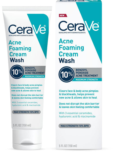 CeraVe Akne Schaum-Reiniger mit Benzoylperoxid 10%, Hyaluronsäure und Niacinamid – Gesichts- und Körperreiniger gegen Pickel und Mitesser, 150 ml