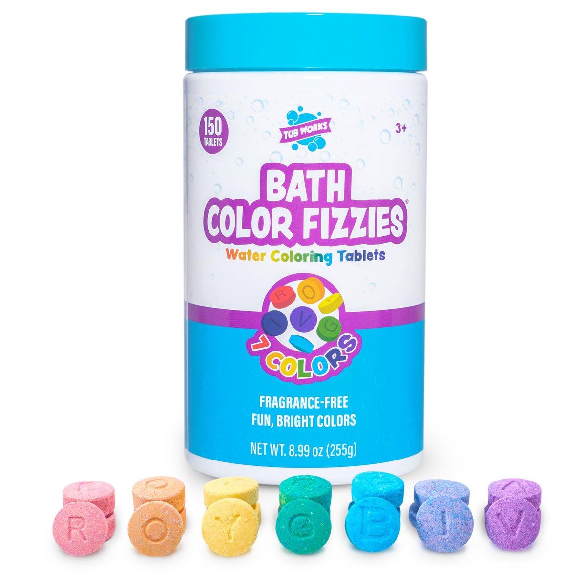 Tub Works® Bath Color Fizzies, 150 Stück | Ungiftig & Duftfrei | Fizzy Bade-Farbtabletten für Kinder | Erzeuge buntes Wasser in 7 Farben
