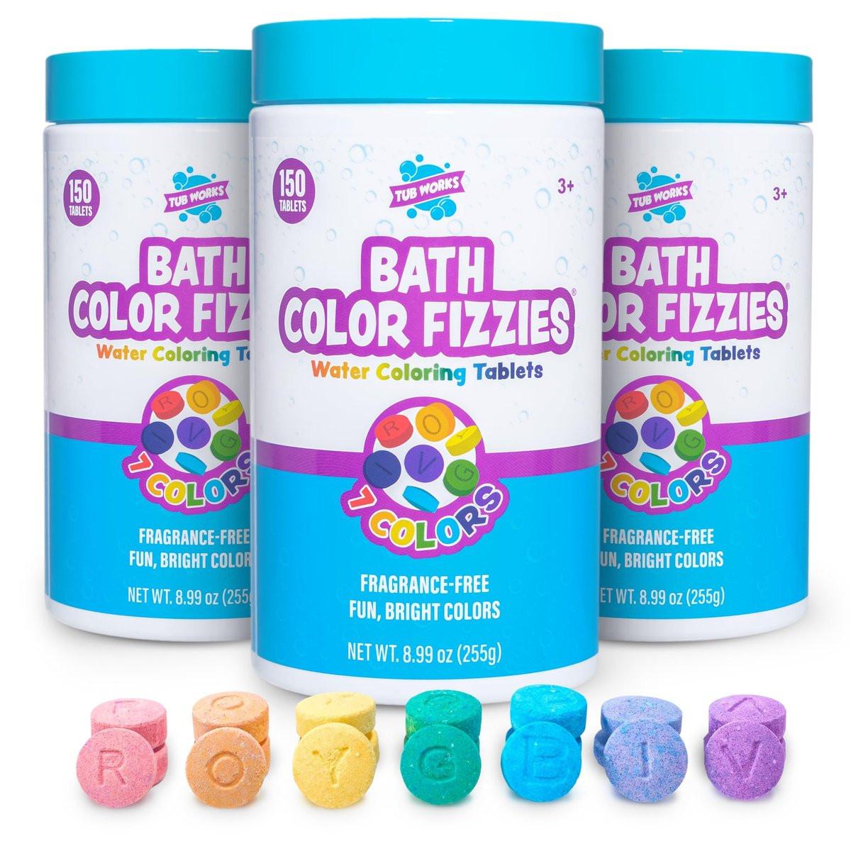 Tub Works® Bath Color Fizzies®, 150 Stück, 3er-Pack | Ungiftig & Duftfrei | Farbbad-Tropfen für bunte Badeerlebnisse | Badetabletten in 7 Farben für Abwechslung | Badebomben für Kinderbad