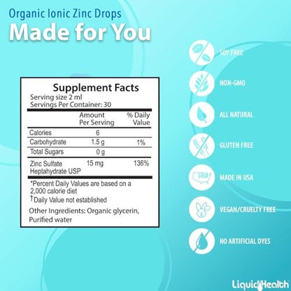 LIQUIDHEALTH USDA Bio-Ionisches Zink Hochdosiert Tropfen - Flüssiges Mineral Ergänzungsmittel für Erwachsene und Kinder - Immun- und Verdauungsunterstützung, Haut- und Wundgesundheit - Hergestellt in USA, Vegan, Nicht-GVO (59 ml)