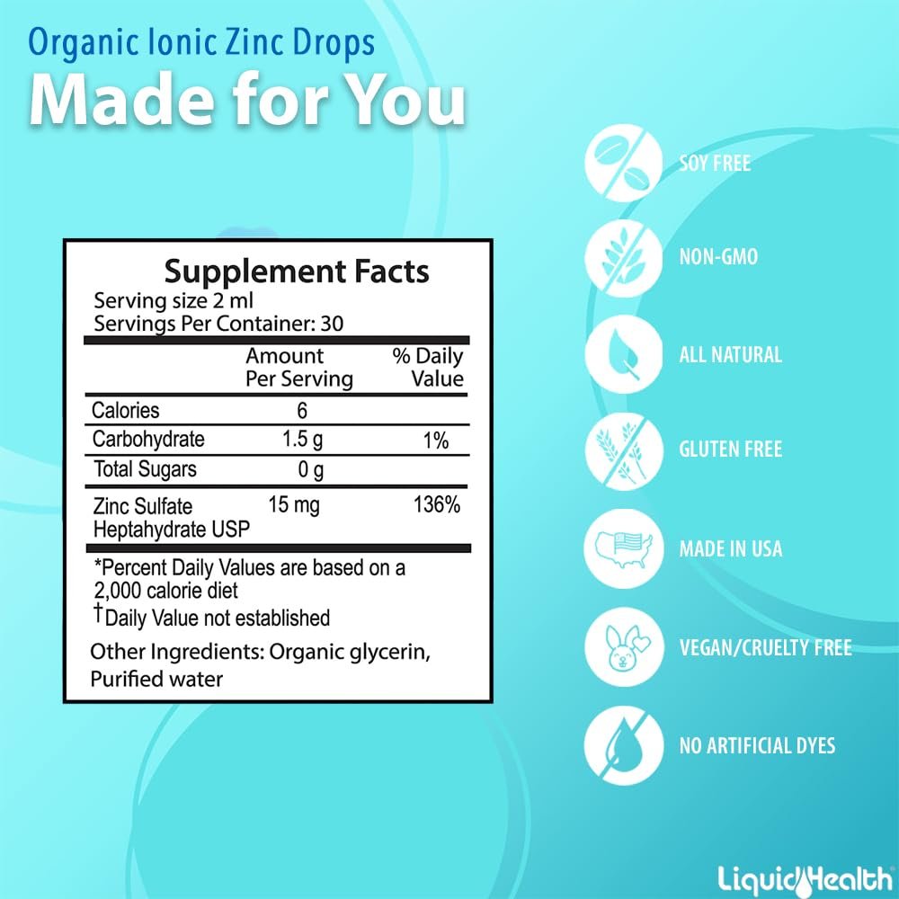 LIQUIDHEALTH USDA Bio-Ionisches Zink Hochdosiert Tropfen - Flüssiges Mineral Ergänzungsmittel für Erwachsene und Kinder - Immun- und Verdauungsunterstützung, Haut- und Wundgesundheit - Hergestellt in USA, Vegan, Nicht-GVO (59 ml)