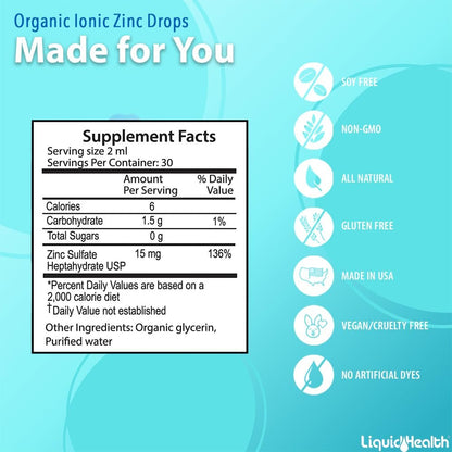 LIQUIDHEALTH USDA Bio-Ionisches Zink Hochdosiert Tropfen - Flüssiges Mineral Ergänzungsmittel für Erwachsene und Kinder - Immun- und Verdauungsunterstützung, Haut- und Wundgesundheit - Hergestellt in USA, Vegan, Nicht-GVO (59 ml)