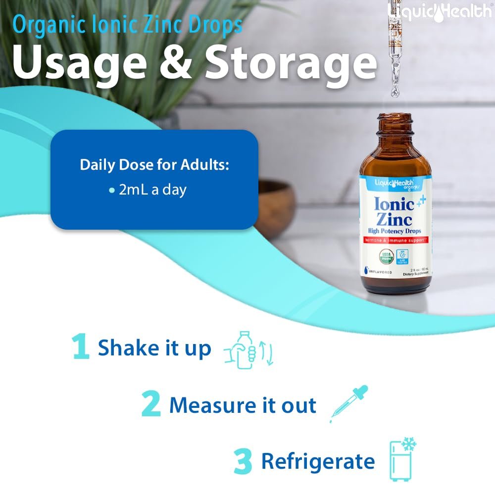 LIQUIDHEALTH USDA Bio-Ionisches Zink Hochdosiert Tropfen - Flüssiges Mineral Ergänzungsmittel für Erwachsene und Kinder - Immun- und Verdauungsunterstützung, Haut- und Wundgesundheit - Hergestellt in USA, Vegan, Nicht-GVO (59 ml)