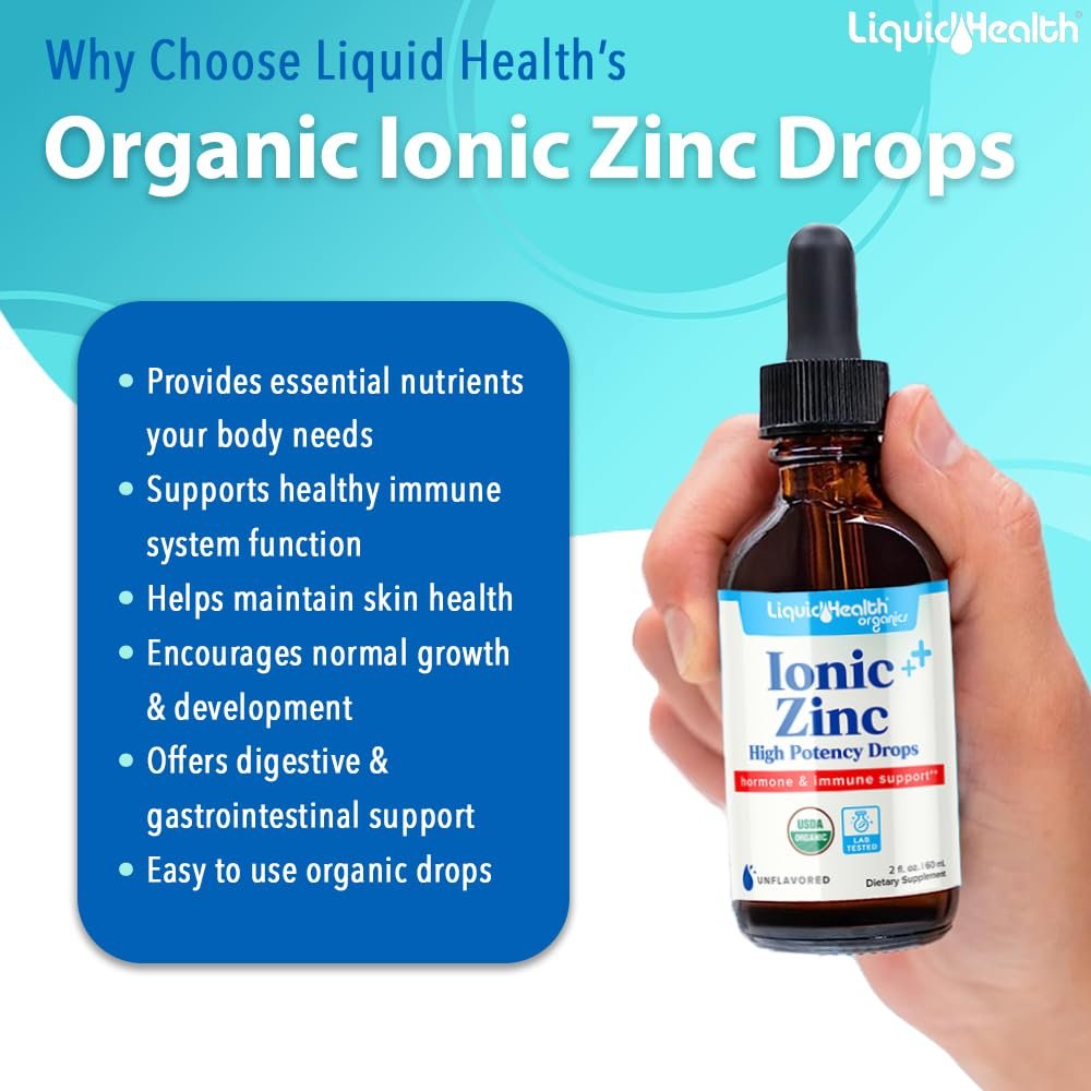 LIQUIDHEALTH USDA Bio-Ionisches Zink Hochdosiert Tropfen - Flüssiges Mineral Ergänzungsmittel für Erwachsene und Kinder - Immun- und Verdauungsunterstützung, Haut- und Wundgesundheit - Hergestellt in USA, Vegan, Nicht-GVO (59 ml)