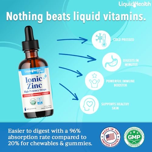 LIQUIDHEALTH USDA Bio-Ionisches Zink Hochdosiert Tropfen - Flüssiges Mineral Ergänzungsmittel für Erwachsene und Kinder - Immun- und Verdauungsunterstützung, Haut- und Wundgesundheit - Hergestellt in USA, Vegan, Nicht-GVO (59 ml)