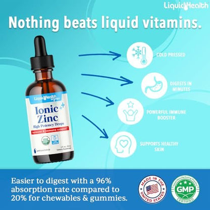 LIQUIDHEALTH USDA Bio-Ionisches Zink Hochdosiert Tropfen - Flüssiges Mineral Ergänzungsmittel für Erwachsene und Kinder - Immun- und Verdauungsunterstützung, Haut- und Wundgesundheit - Hergestellt in USA, Vegan, Nicht-GVO (59 ml)