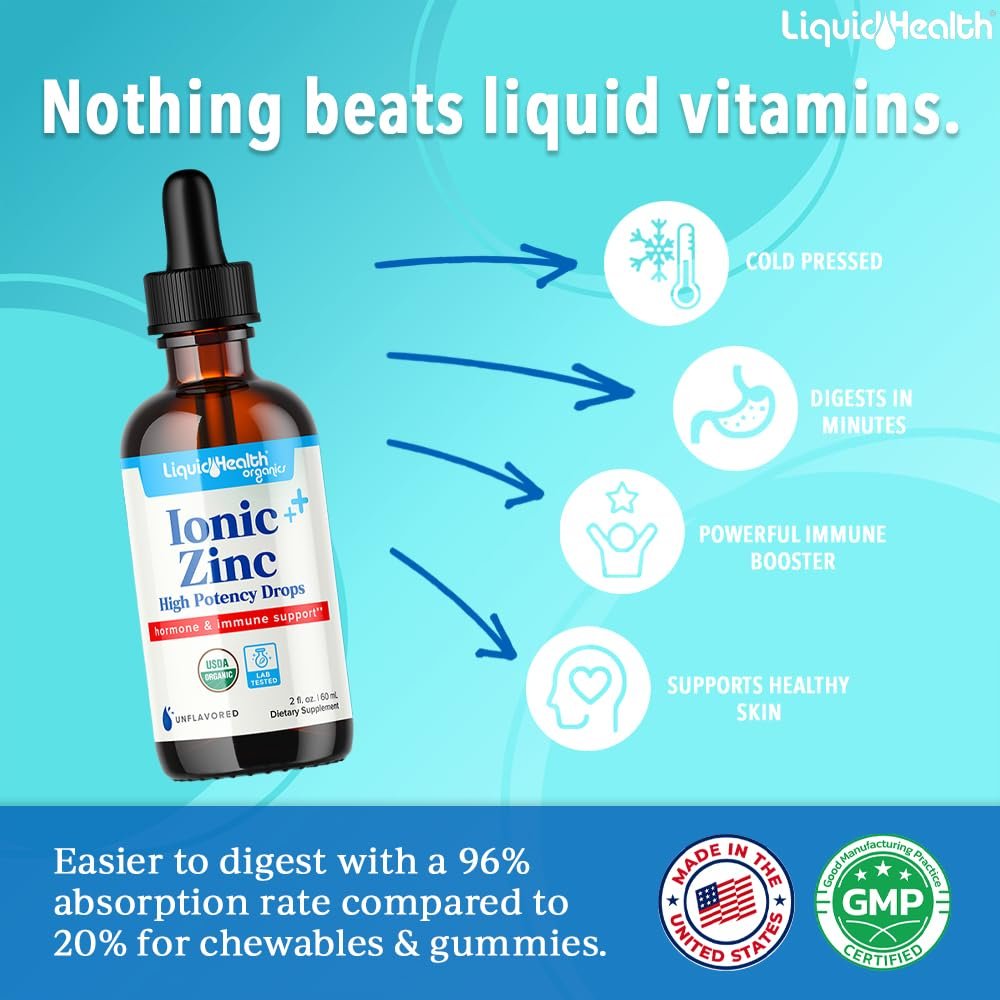 LIQUIDHEALTH USDA Bio-Ionisches Zink Hochdosiert Tropfen - Flüssiges Mineral Ergänzungsmittel für Erwachsene und Kinder - Immun- und Verdauungsunterstützung, Haut- und Wundgesundheit - Hergestellt in USA, Vegan, Nicht-GVO (59 ml)
