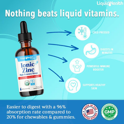 LIQUIDHEALTH USDA Bio-Ionisches Zink Hochdosiert Tropfen - Flüssiges Mineral Ergänzungsmittel für Erwachsene und Kinder - Immun- und Verdauungsunterstützung, Haut- und Wundgesundheit - Hergestellt in USA, Vegan, Nicht-GVO (59 ml)