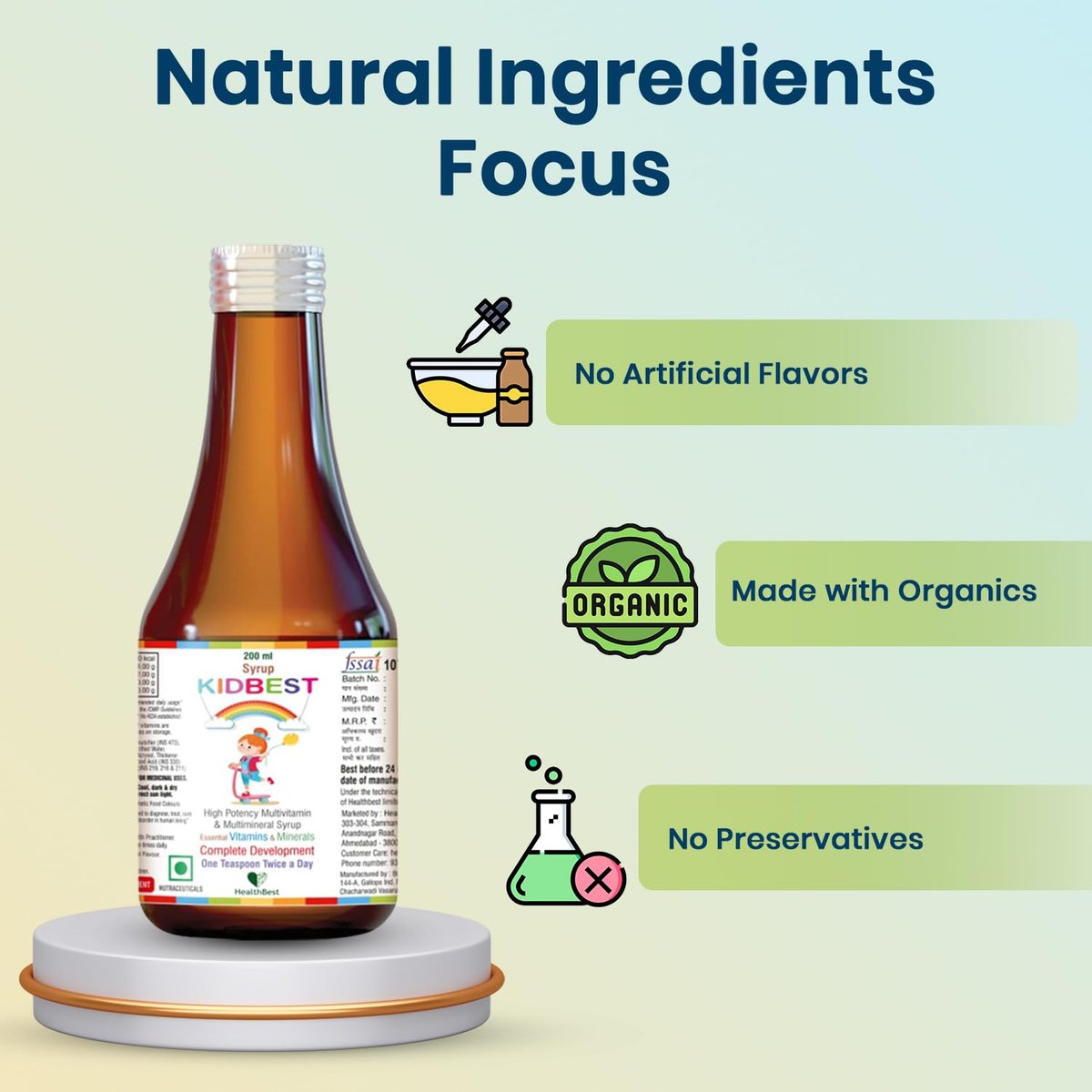 Kidbest Multivitamin Sirup für Kinder 3-13 Jahre – Flüssige Formel mit 20 Nährstoffen für Appetit, Immunität und Wachstum – Leckere tägliche Vitamine für stärkere Kinder | 200ml