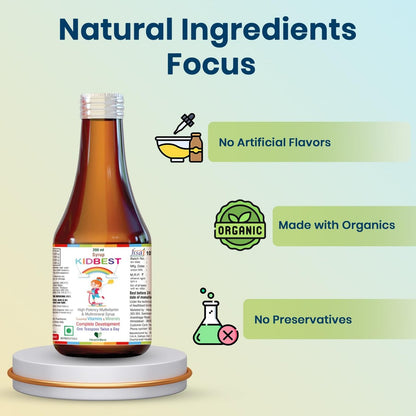Kidbest Multivitamin Sirup für Kinder 3-13 Jahre – Flüssige Formel mit 20 Nährstoffen für Appetit, Immunität und Wachstum – Leckere tägliche Vitamine für stärkere Kinder | 200ml