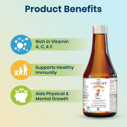 Kidbest Multivitamin Sirup für Kinder 3-13 Jahre – Flüssige Formel mit 20 Nährstoffen für Appetit, Immunität und Wachstum – Leckere tägliche Vitamine für stärkere Kinder | 200ml