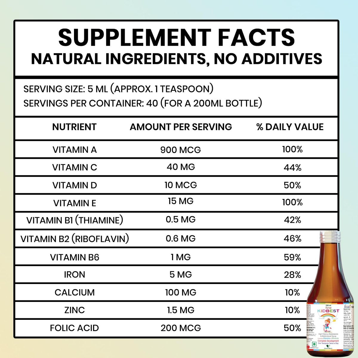 Kidbest Multivitamin Sirup für Kinder 3-13 Jahre – Flüssige Formel mit 20 Nährstoffen für Appetit, Immunität und Wachstum – Leckere tägliche Vitamine für stärkere Kinder | 200ml