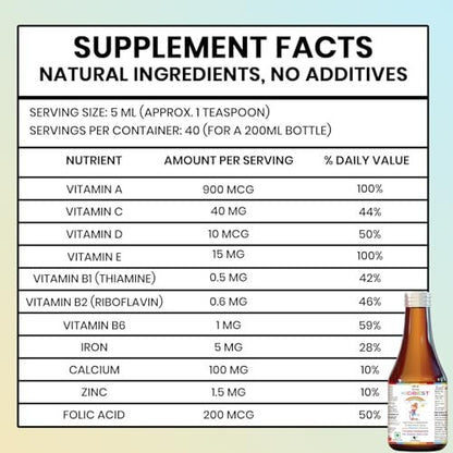 Kidbest Multivitamin Sirup für Kinder 3-13 Jahre – Flüssige Formel mit 20 Nährstoffen für Appetit, Immunität und Wachstum – Leckere tägliche Vitamine für stärkere Kinder | 200ml