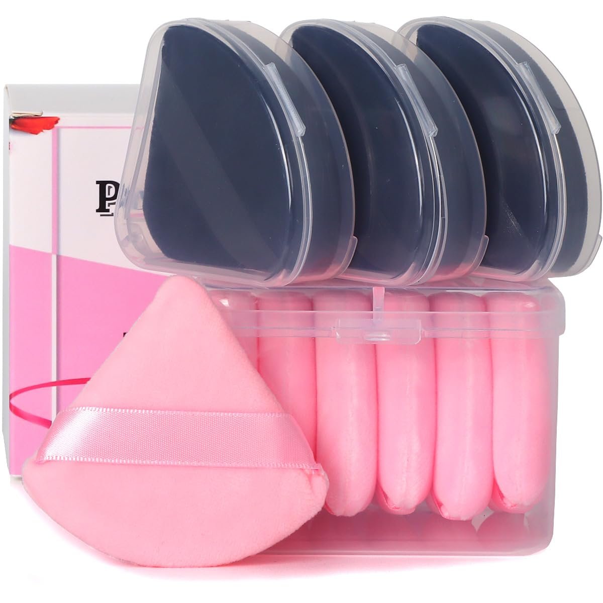 Ocim 10 Stück Puderquasten für Gesichtspuder, weiche Samt-Dreieck-Schönheitspuffer, Make-up-Pressed-, Baking- und Setting-Puder-Schwamm-Applikator-Pads mit Etui, Schwarz & Rosa
