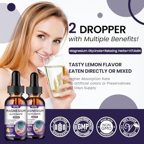 Dilib Magnesium Glycinat Tropfen – 2er-Pack mit 500 mg Magnesium, Vitamin B6, Ashwagandha, L-Theanin & Kamille – Vegan, flüssig für Stressabbau, Knochen, Muskeln & Stimmung